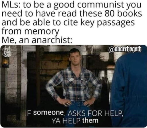 ml: you have to read all these books
me, an anarchist: 
an image of Wayne from Letterkenny with the edited caption "If someone asks for help ya help them"