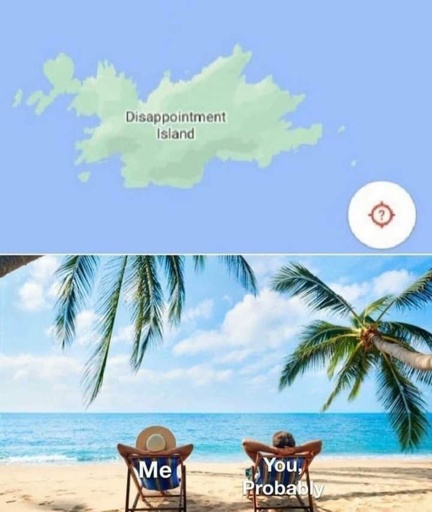 island on map labeled Disappointment island. below are two people on a beach. one is labeled Me, the other is labeled  You probably 