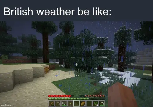 British weather be like:

Screenshot of three biomes in Minecraft 1.1 within just a few blocks of each other, showing clear, rain, and snow, respectively.