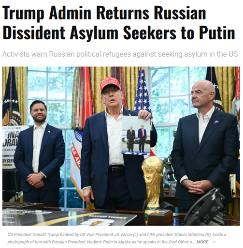 US President Donald Trump flanked by US Vice President JD Vance (L) and FIFA president Gianni Infantino (R), holds a photograph of him with Russian President Vladimir Putin in Alaska as he speaks in the Oval Office of the White House in Washington, DC, on August 22, 2025.. Trump announced the 2026 World Cup draw will be held on December 5 at Washington's Kennedy Center.