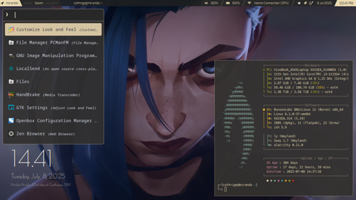 Gruvbox themed sway desktop using waybar, and with a rofi menu, alacritty running fastfetch and a conky clock visible.