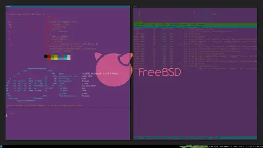 FreeBSD running i3wm with two windows open. 20 pixel gaps exist around the windows, leaving space through which to see the wallpaper, a black background with a red-orange freebsd logo, unfiltered. The two open windows show a neofetch and cpufetch output displaying system specifications for an HP Compaq DC5700s/c352, as well as a "uname -a" output displaying release info and custom kernel branding, the other window displays an htop output, demonstrating low usage of system memory and the currently running background task under the logged in user